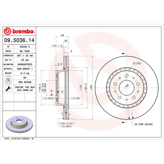 Слика на кочионен диск BREMBO 09.5036.14 за Volvo 940 Saloon (944) 2.3 - 156 коњи бензин