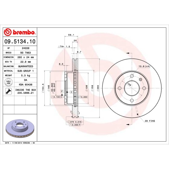 Слика на кочионен диск BREMBO 09.5134.10 за Ford Sierra (GBG,GB4) 2.0 i - 100 коњи бензин