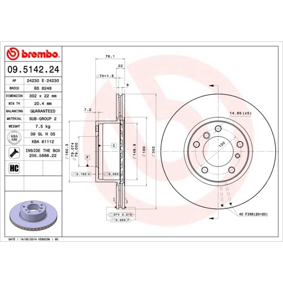 Слика на кочионен диск BREMBO 09.5142.24 за BMW 5 Sedan E34 530 i V8 - 218 коњи бензин