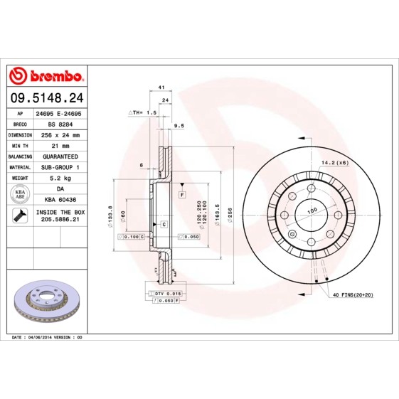 Слика на кочионен диск BREMBO 09.5148.24 за Daewoo Prince (j19) 2.0 - 110 коњи бензин