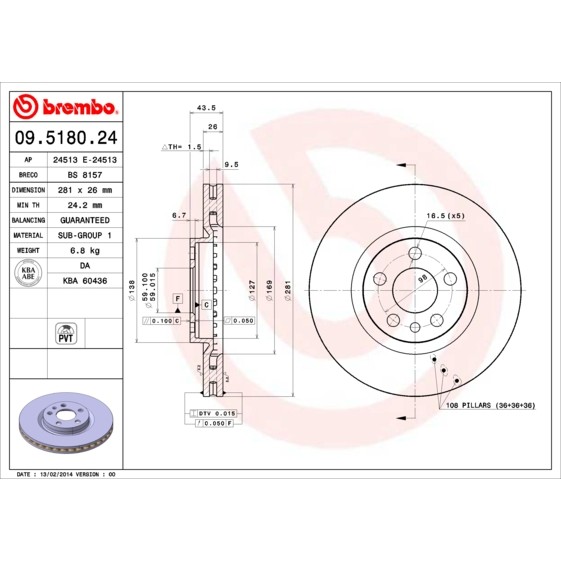 Слика на кочионен диск BREMBO 09.5180.24 за Lancia Zeta (220) 2.0 16V (220AL5) - 132 коњи бензин