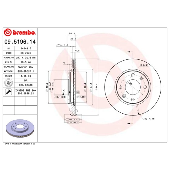 Слика на кочионен диск BREMBO 09.5196.14 за Citroen Saxo S0,S1 1.6 VTS - 98 коњи бензин