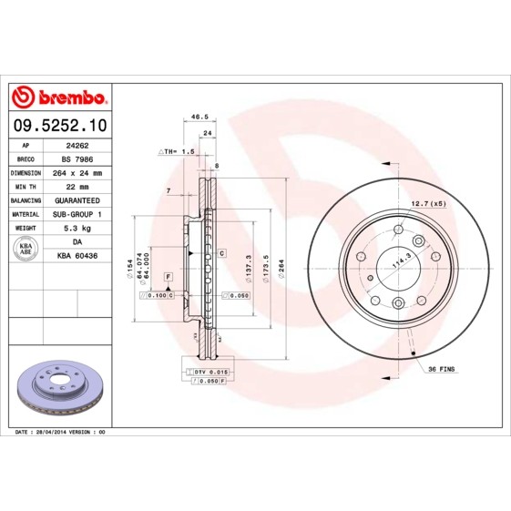 Слика на кочионен диск BREMBO 09.5252.10 за Mazda 626 Saloon (GD) 2.2 12V - 115 коњи бензин