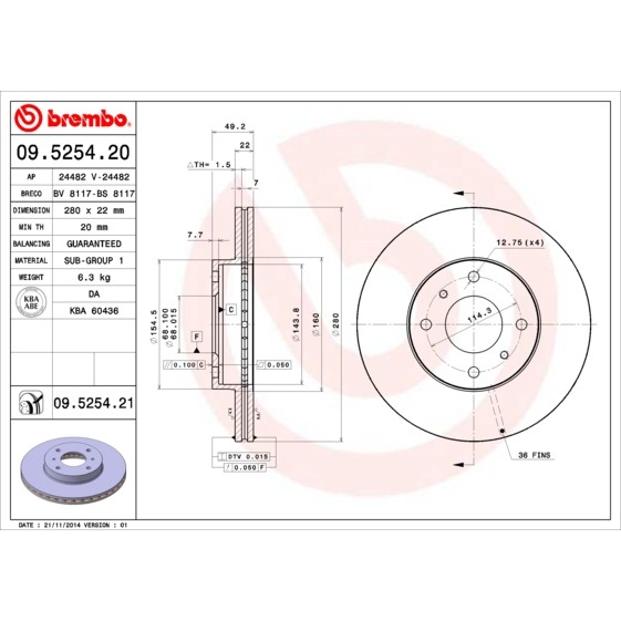 Слика на кочионен диск BREMBO 09.5254.20 за Nissan Pulsar Saloon (N16) 1.8 - 114 коњи бензин