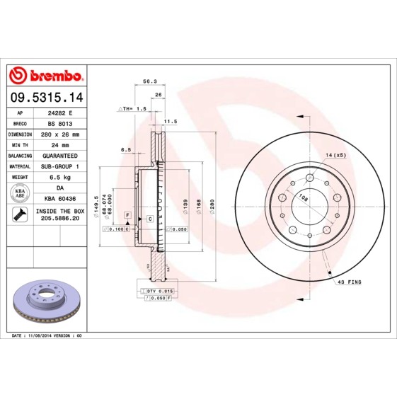 Слика на кочионен диск BREMBO 09.5315.14 за Volvo 940 Saloon 2 (944) 2.3 ti - 135 коњи бензин