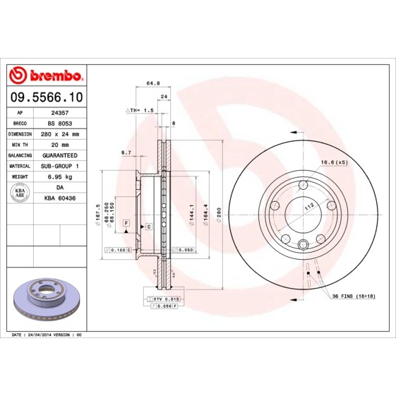 Слика на кочионен диск BREMBO 09.5566.10 за VW Transporter T4 Bus 2.4 D Syncro - 78 коњи дизел