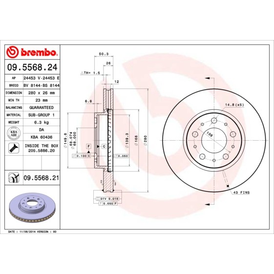 Слика на кочионен диск BREMBO 09.5568.24 за Volvo S70 Saloon (P80) 2.0 - 126 коњи бензин