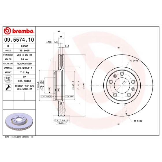 Слика на кочионен диск BREMBO 09.5574.10 за Citroen XM Y3 Hatchback 3.0 - 167 коњи бензин