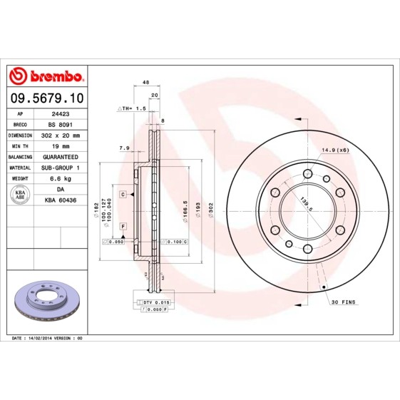 Слика на кочионен диск BREMBO 09.5679.10 за Toyota Land Cruiser (J7) 3.4 D (BJ70_V, BJ73_) - 95 коњи дизел