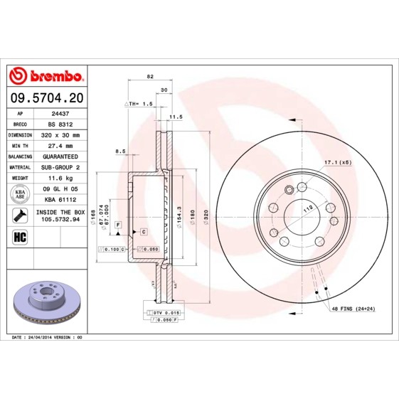 Слика на кочионен диск BREMBO 09.5704.20 за Mercedes S-class Saloon (w140) 600 SE,SEL (140.056, 140.057) - 408 коњи бензин