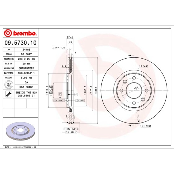 Слика на кочионен диск BREMBO 09.5730.10 за Citroen Xantia Estate X1 1.8 i - 90 коњи бензин