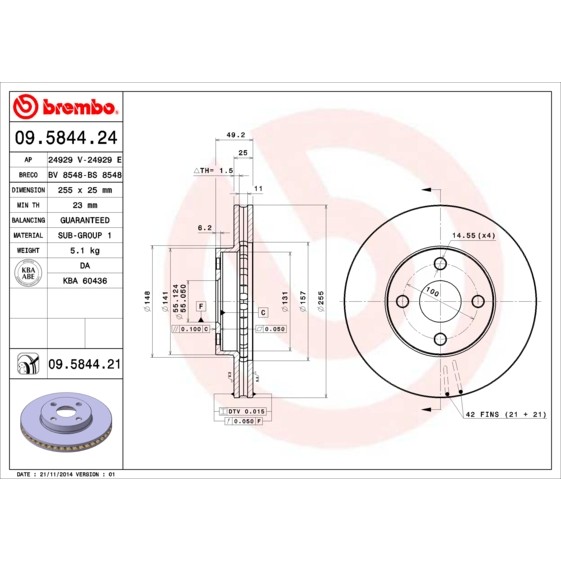 Слика на кочионен диск BREMBO 09.5844.24 за Toyota Corolla Hatchback (E12U,E12J) 1.4 VVT-i - 97 коњи бензин