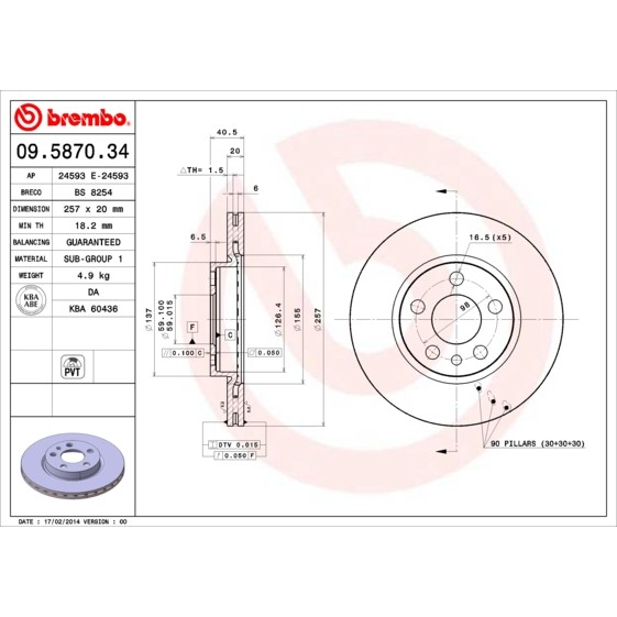 Слика на кочионен диск BREMBO 09.5870.34 за Citroen Jumpy U6U 1.9 D 70 - 69 коњи дизел