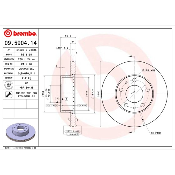 Слика на кочионен диск BREMBO 09.5904.14 за Citroen Jumper BOX 230L 2.8 HDi 4x4 - 128 коњи дизел