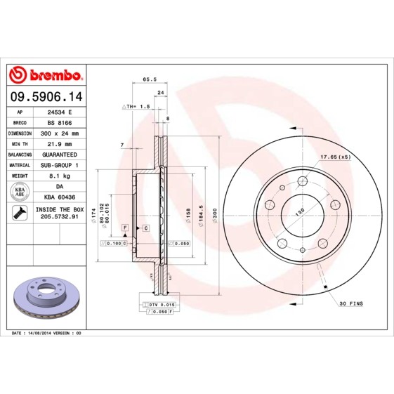 Слика на кочионен диск BREMBO 09.5906.14 за Citroen Jumper BUS 230P 2.0  4x4 - 109 коњи бензин