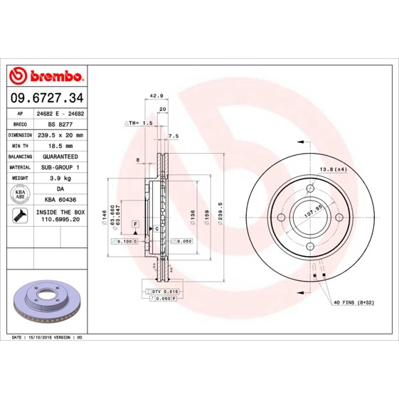 Слика на кочионен диск BREMBO 09.6727.34 за Ford Courier BOX F3L,F5L 1.3 - 60 коњи бензин