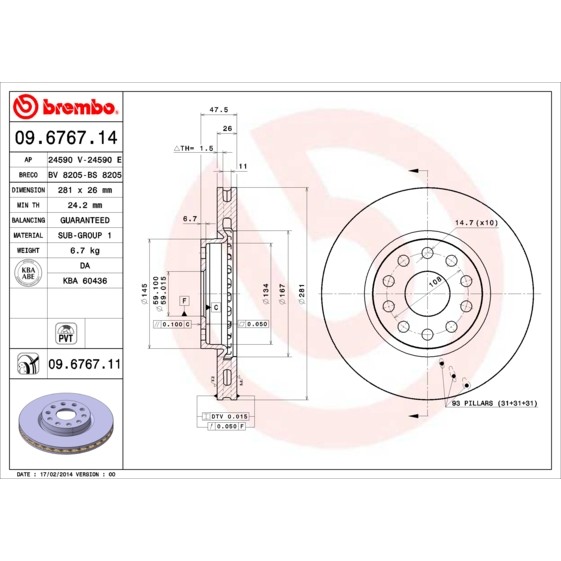 Слика на кочионен диск BREMBO 09.6767.14 за Alfa Romeo 166 Sedan 2.0 T.Spark (936A3B__) - 150 коњи бензин