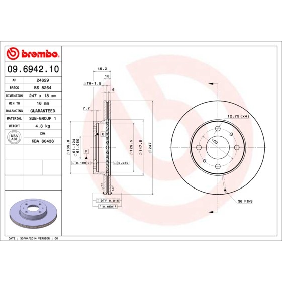 Слика на кочионен диск BREMBO 09.6942.10 за Nissan Almera  (N15) 1.4 - 87 коњи бензин