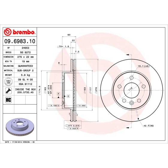 Слика на кочионен диск BREMBO 09.6983.10 за Mercedes Vito BOX (638) 113 (638.014, 638.094) - 129 коњи бензин