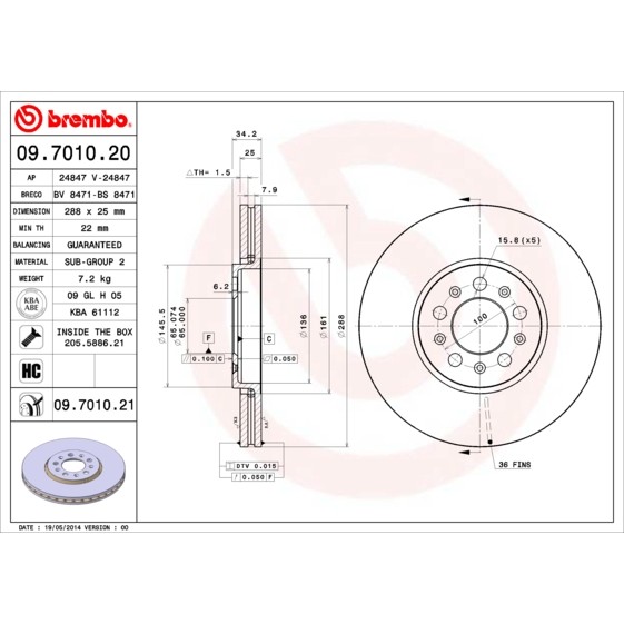 Слика на кочионен диск BREMBO 09.7010.20 за Seat Toledo 2 Saloon (1M2) 2.3 V5 - 150 коњи бензин