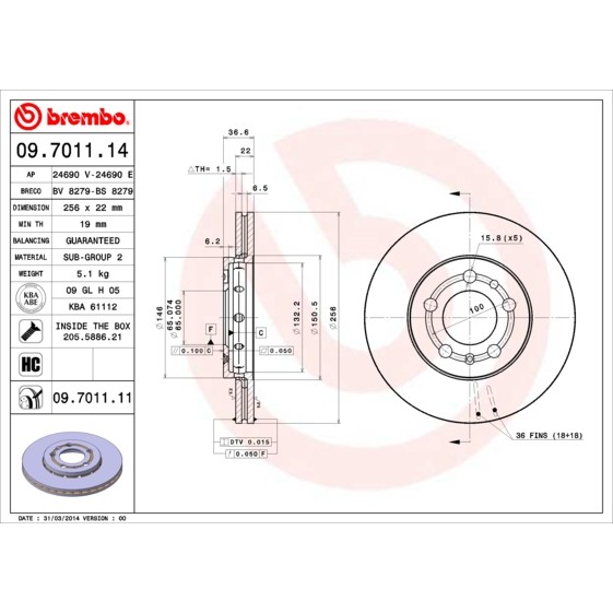 Слика на кочионен диск BREMBO 09.7011.14 за VW Polo 5 (6R) 1.2 TDI - 75 коњи дизел