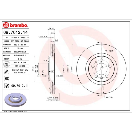 Слика на кочионен диск BREMBO 09.7012.14 за VW Jetta 4 (1J2) 1.9 SDI - 68 коњи дизел