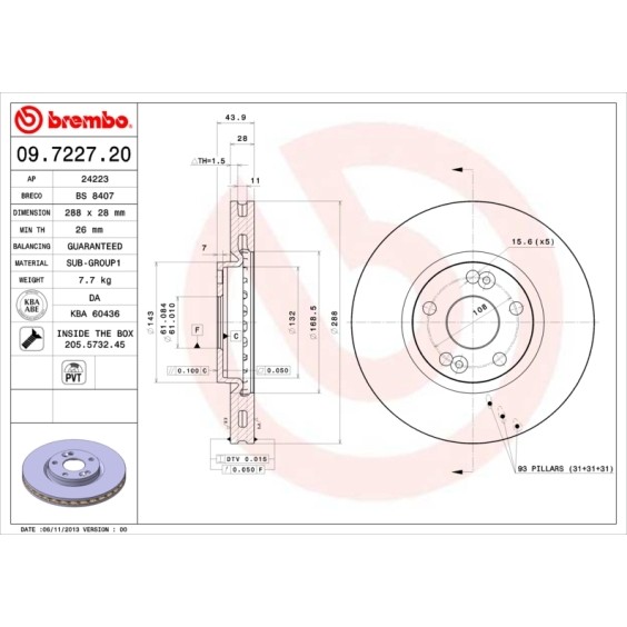 Слика на кочионен диск BREMBO 09.7227.20 за  Renault Espace 3 (JE0) 2.0 - 139 коњи бензин