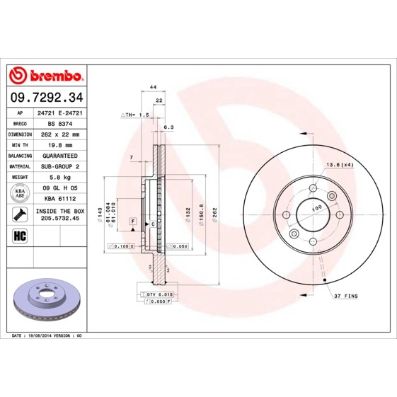 Слика на кочионен диск BREMBO 09.7292.34 за Renault Laguna Grandtour (K56) 2.0  (K56C/H) - 113 коњи бензин