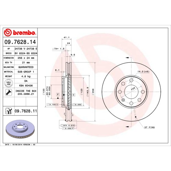 Слика на кочионен диск BREMBO 09.7628.14 за Daewoo Prince (j19) 2.0 - 116 коњи бензин