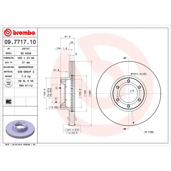 Слика на кочионен диск BREMBO 09.7717.10 за Opel Movano Combi (J9) 2.8 DTI - 114 коњи дизел