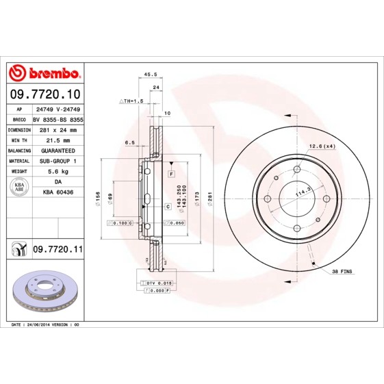 Слика на кочионен диск BREMBO 09.7720.10 за Volvo S40 Sedan (VS) 1.6 - 105 коњи бензин