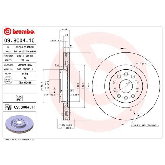 Слика на кочионен диск BREMBO 09.8004.10 за Lancia Thesis (841AX) 3.0 V6 (841AXC1101) - 215 коњи бензин