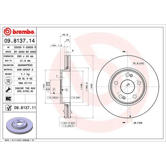 Слика на кочионен диск BREMBO 09.8137.14 за  Renault Espace 3 (JE0) 2.0 - 139 коњи бензин