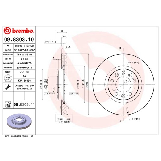 Слика на кочионен диск BREMBO 09.8303.10 за Peugeot 407 SW 2.0 HDi 135 - 136 коњи дизел