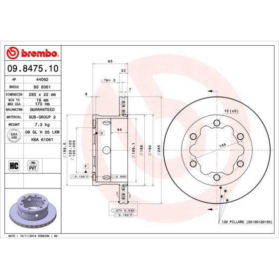 Слика на кочионен диск BREMBO 09.8475.10 за Mercedes Sprinter 2-t Platform (901,902) 210 D - 102 коњи дизел