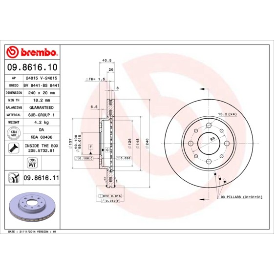 Слика на кочионен диск BREMBO 09.8616.10 за Fiat Panda VAN 169 1.3 JTD - 75 коњи дизел