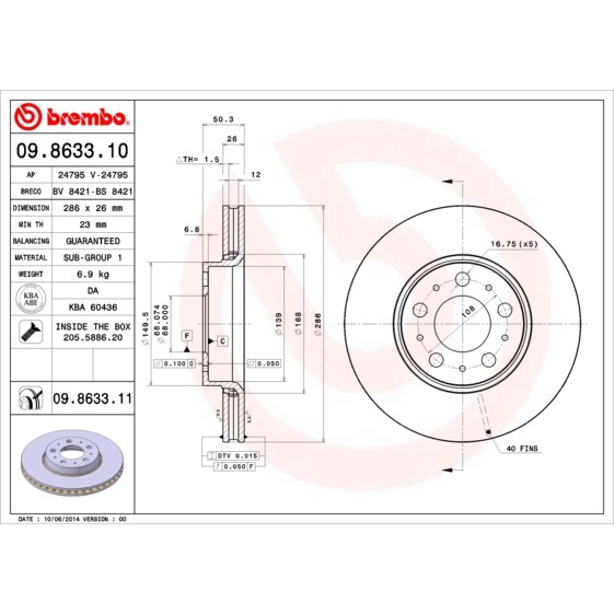 Слика на кочионен диск BREMBO 09.8633.10 за Volvo S80 Saloon (TS,XY) 2.5 T - 210 коњи бензин