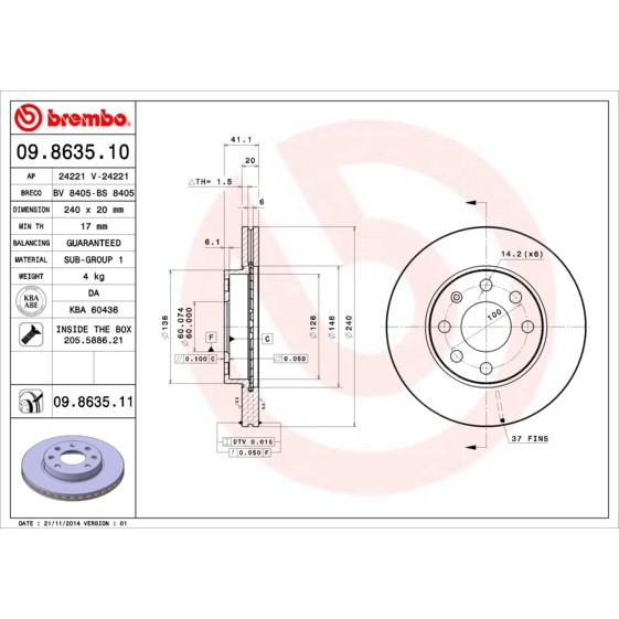 Слика на кочионен диск BREMBO 09.8635.10 за CHEVROLET AGILE 1.4 - 92 коњи бензин