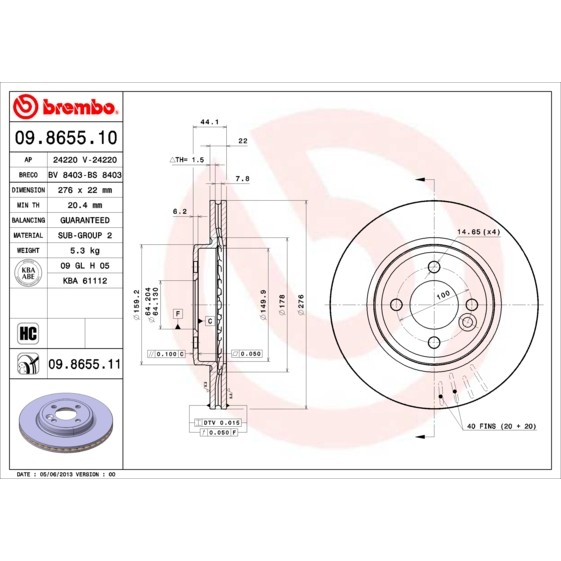 Слика на кочионен диск BREMBO 09.8655.10 за Mini Convertible (R52) Cooper S - 170 коњи бензин