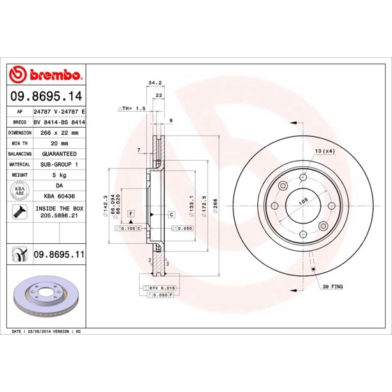 Слика на кочионен диск BREMBO 09.8695.14 за Citroen C3 Picasso 1.6 HDi 110 - 112 коњи дизел