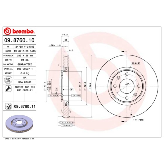 Слика на кочионен диск BREMBO 09.8760.10 за Peugeot Ranch Box 1.6 HDi 90 - 92 коњи дизел