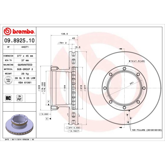 Слика на кочионен диск BREMBO 09.8925.10 за камион Mercedes Atego 1 1328 AF - 279 коњи дизел