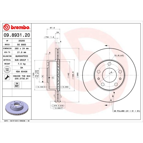 Слика на кочионен диск BREMBO 09.8931.20 за Citroen Jumper BUS 2.2 HDi 120 - 120 коњи дизел