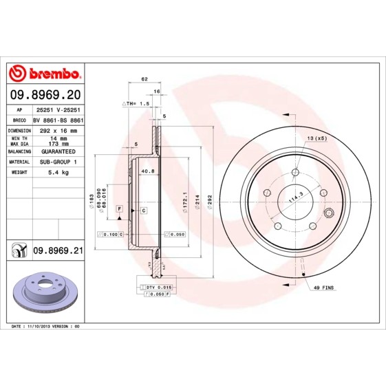 Слика на кочионен диск BREMBO 09.8969.20 за Nissan X-Trail (T30) 2.0 4x4 - 280 коњи бензин