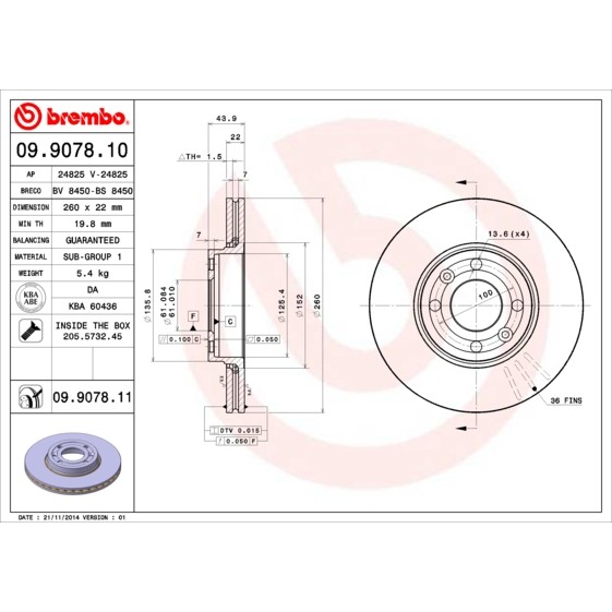 Слика на кочионен диск BREMBO 09.9078.10 за Dacia Logan US 1.6 - 87 коњи бензин