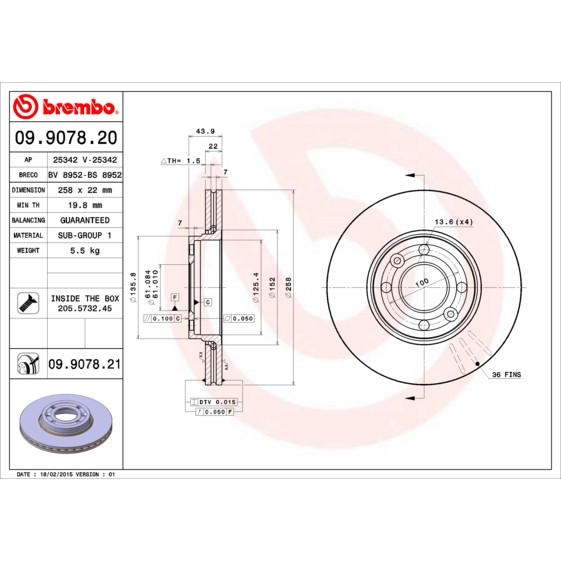 Слика на кочионен диск BREMBO 09.9078.20 за Renault Kangoo Express (FW0-1) 1.5 dCi - 68 коњи дизел