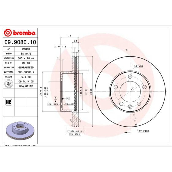 Слика на кочионен диск BREMBO 09.9080.10 за Opel Movano Combi (J9) 2.5 D - 80 коњи дизел