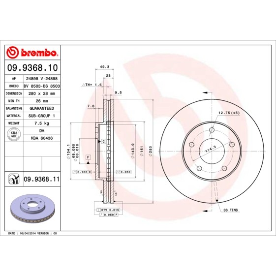 Слика на кочионен диск BREMBO 09.9368.10 за Nissan Primera Traveller (WP12) 1.6 Visia - 109 коњи бензин