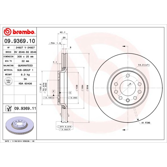 Слика на кочионен диск BREMBO 09.9369.10 за Opel Astra G Coupe 2.0 16V Turbo - 190 коњи бензин