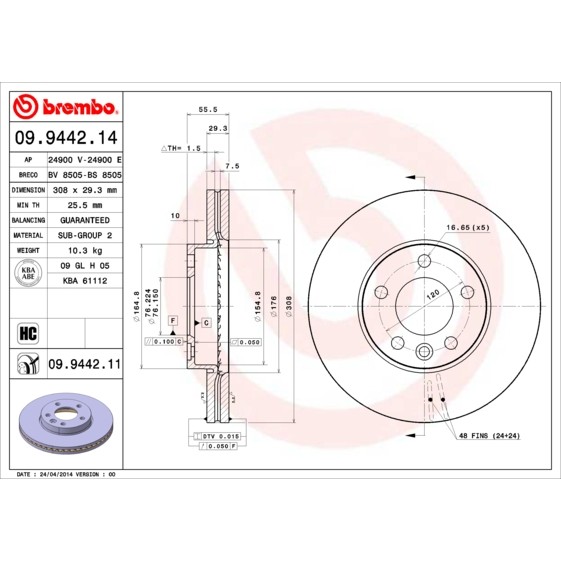 Слика на кочионен диск BREMBO 09.9442.14 за VW Transporter T5 Bus 2.0 - 115 коњи бензин